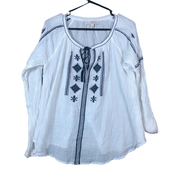 LOFT Tops - LOFT White and Navy Embroidered Top